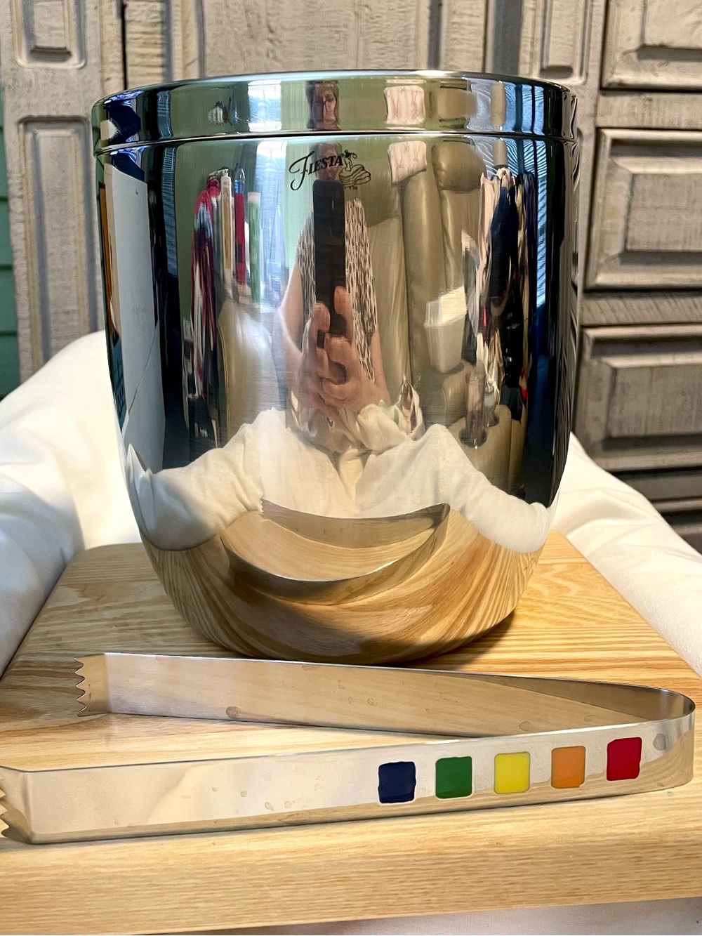 *VINTAGE* Stainless Fiesta Ice Bucket -Enamel Rainbow Masquerade-Celebration Set